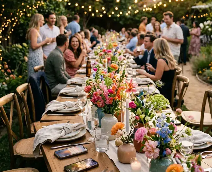 Guests gathered for an outdoor dinner celebration