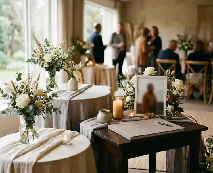 Celebration of life gathering with flowers and remembrance table